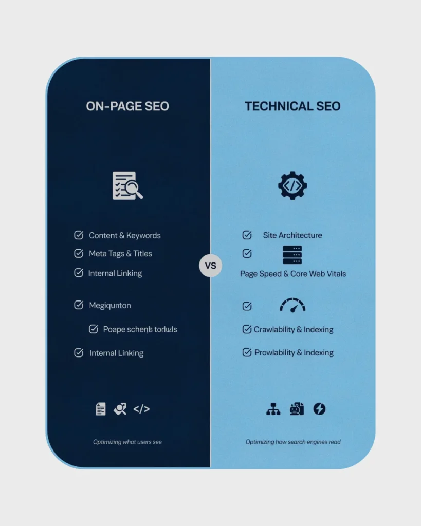 Digital picture of On-page SEO vs Technical SEO Best digital marketing freelancer in Thrissur.